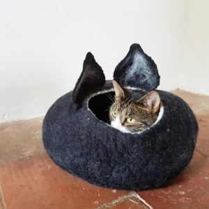 Black Cat Bed Cave House Felted Wool With Ears Ideal Cat Lovers Gift