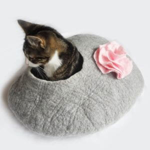 Cat Bed Cave Cocoon House Felted Grey With Flower & Free Ball - Large