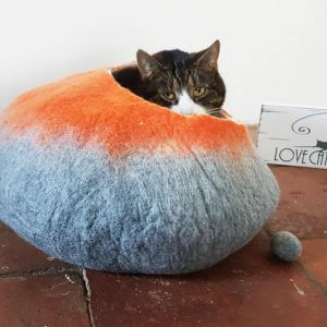 Cat Bed Cave Cocoon House Felted Wool & Ball in Gray Orange