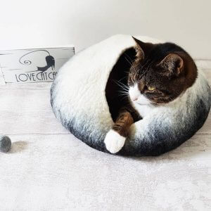 Cat Bed Cave House Igloo Felted Wool in White & Black With Toy Ball For Cats