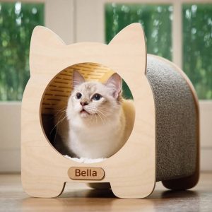 Cat Bed Cave House Indoor Bedding Wood Furniture Set Condo Modern Pet Play Toys Basket Scratcher Litter Box Gift Hankko