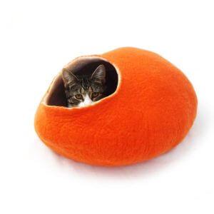 Cat Bed Cave Pet House Felted Wool Halloween Orange Pumpkin With Free Ball