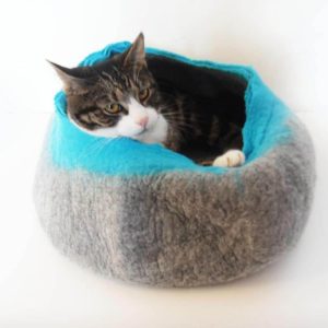 Cat Bed House Basket Natural Grey & Teal
