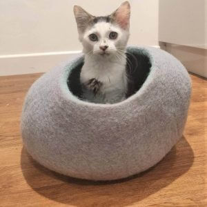 Cat Den, Cave, House, Bed Cosy Felt- 43cm Natural Felted New Zealand Lambs Sheep Wool. Grey&blue - Eco Material, Azo-Free Dyes