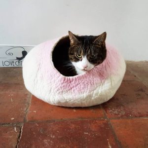 Larger Cat Bed Cave House in White & Pink Felted - Free Ball