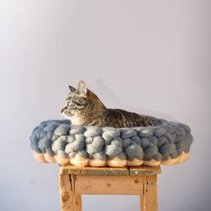 Peach Blue Oval Cat Bed, Chunky Mat, Knits Merino Pet Burebure Furniture, Knitted Wool Furniture House