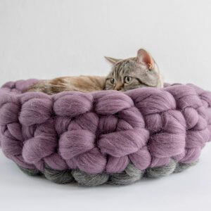 Round Cat Basket Dark Levander/Gray, Chunky Cat Bed, Knits Merino Pet Furniture, Knitted Wool Mat, Kitty Furniture