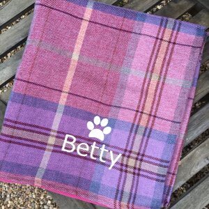 Bichon Check Pink/Purple Tweed Look Cosy Dog Blanket Personalised - Machine Washable Double Sided With Soft Fleece Handmade By Sewn4You