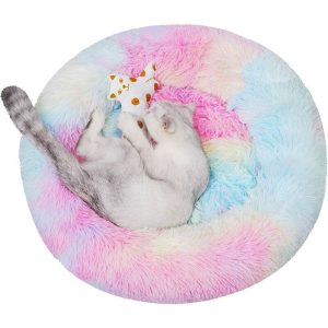 Calming Dog Bed, Long Plush Cat Bed, Anti-Anxiety Sleeping Donut Cuddler, Warming Pet Bed, with Anti-Slip & Waterproof Bottom