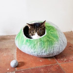 Cat Bed With A Free Ball Ideal Cat Lovers Gift - Medium in Grey & Green Tones