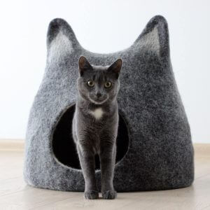 Cat Furniture. Bed, Wool Pet Cot, Felt Cat Cave, House. Wool Bed Cave. Black With Natural White