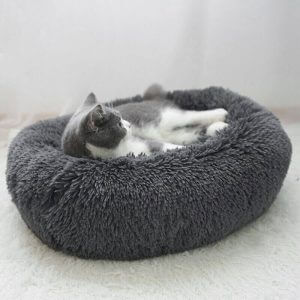 Dark Grey Round Cat Dog Cushion Faux Fur Fluffy Shaggy Sheepskin Pet Bed, 70CM