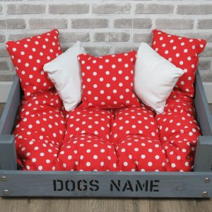 Large Personalised Rustic Grey Wooden Dog Bed in Red Polka Dot Fabric
