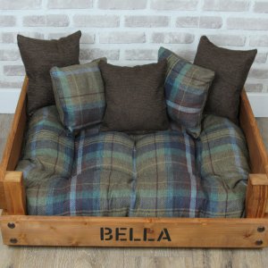 Large Personalised Rustic Wooden Dog Bed in Multi Colour Wool Feel Fabric
