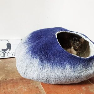 Larger Cat Bed Cave House Grey & Blue Felted - Free Ball