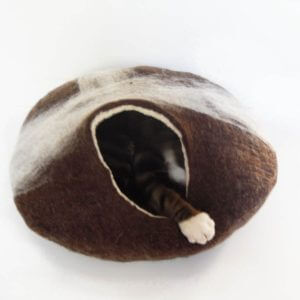 Larger Sizes Natural Cat Bed Cave House Brown & White Felted With Free Ball