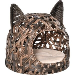 PawHut Wicker Cat Bed Rattan Kitten Basket Pet Den Cosy Cave w/ Cushion Brown