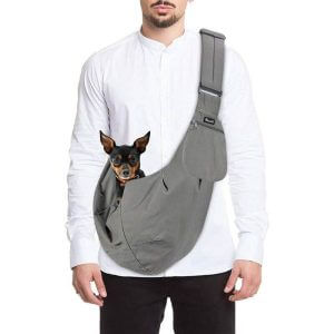 Pet sling, hands-free sling, adjustable, padded sling, carry bag, breathable cotton shoulder bag, front pocket, seat belt, carry small dogs, cats and