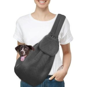 Pet sling, hands-free sling, adjustable, padded sling, carry bag, breathable cotton shoulder bag, front pocket, seat belt, carry small dogs, cats and