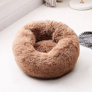 Plush Cat Bed Round Calming Cushion Fluffy Warm Anti-slip Bottom Indoor Pets Sleep Improve Beds,model:Coffee Small - 50CM