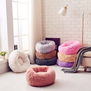 Plush Cat Bed Round Calming Cushion Fluffy Warm Anti-slip Bottom Indoor Pets Sleep Improve Beds,model:Dark gray Small - 50CM