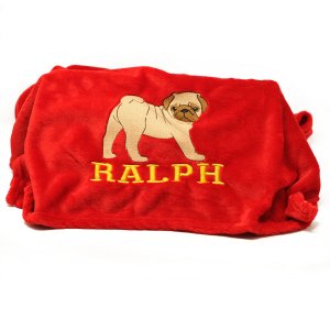 Pug Hand Made Embroidered Personalised Dog Blanket Choice Of 8 Colours