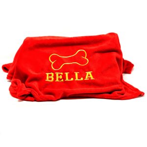 Red Hand Made Embroidered Personalised Dog Blanket 8 Colours & 2 Sizes