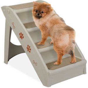 Relaxdays Dog Stairs, 4 Steps, Pets Access Ramp, Climbing Aid Bed, Sofa & Car, Max. 100 kg, 49x39x61 cm, Grey