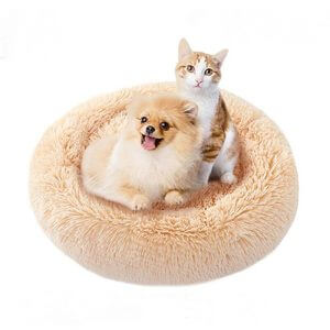 Round Donut Basket Dog Cushion, Washable Soft Fluffy Cat Bed, Warm Bed Comfortable Nest Pillow for Pet (Beige-Diameter: 40 CM)