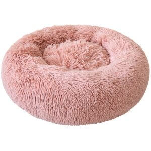 Round Plush Cat Bed Dog Warm Soft Comfortable Kennel,Pink,L