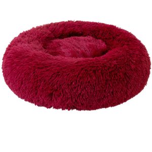 Round Plush Cat Bed Dog Warm Soft Comfortable Kennel,Wind Red,L