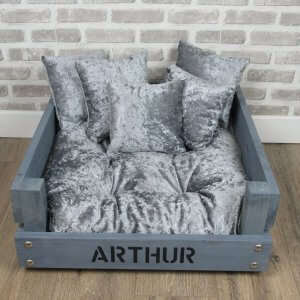 Small Personalised Rustic Grey Wooden Dog Bed in Crushed Velvet