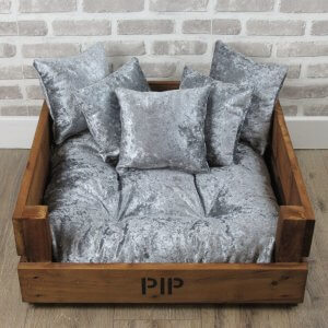 Small Personalised Rustic Oak Stain Wooden Dog Bed in Grey Crushed Velvet