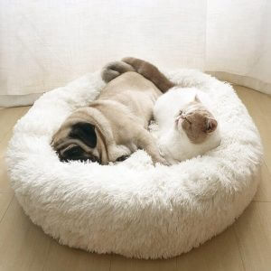 White Round Cat Dog Cushion Faux Fur Fluffy Shaggy Sheepskin Pet Bed, 120CM