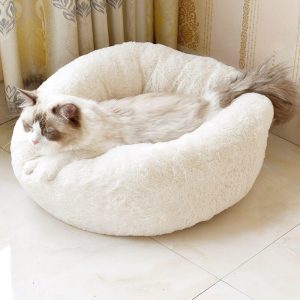 White Round Cat Dog Cushion Faux Fur Fluffy Shaggy Sheepskin Pet Bed, 70CM