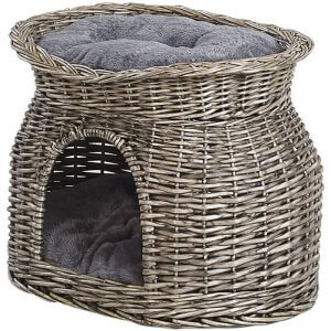 Willow Wood Cat Basket Polyester Cushions 50 x 35 cm Grey Salabas