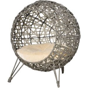 Woven Rattan Wicker Elevated Cat Bed House Kitten Pussy Basket Ball Shaped Pet Furniture w/ Removable Cushion Smoky Grey 52 x 52 x 58 cm - Pawhut