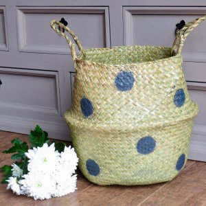 Handmade Grey Polka Dot Seagrass Basket | Storage Planter Dog Toy Hamper