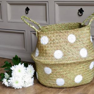 Handmade White Polka Dot Seagrass Basket | Storage Planter Dog Toy Hamper