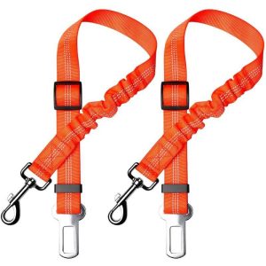 Lot of 2 car Dog safety belt, with shock absorption and elastic carabiner adjustable for dog Superior safety harness for all dogs and cats, orange