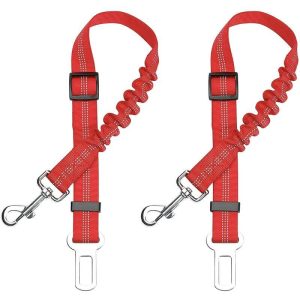 Lot of 2 car Security belt for dog, with shock absorption and elastic carabiner adjustable for dog Superior safety harness for all dogs and cats, red