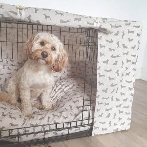 Made-To-Measure Dog Crate Cover - Neutral Grey Dachshund Linen Look Design
