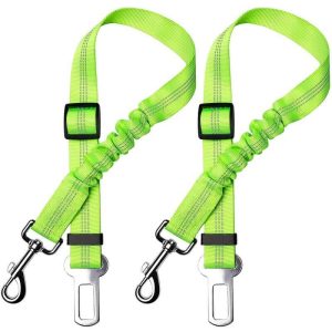 Set of 2 Car Seat Belt for Dogs, with Shock Absorption and Adjustable Elastic Carabiner for Dogs Upper Safety Harness for All Dogs and Cats, Green