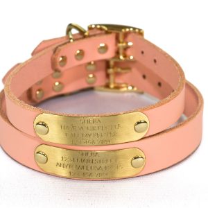 Personalized Blush Pink Leather Dog Collar, With Solid Brass Nameplate ID Tag, Up To 4 Lines Of Text
