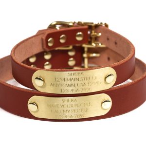 Personalized Brown Leather Dog Collar, With Gold Tone, Solid Brass Nameplate ID Tag, Up To 4 Lines Of Text