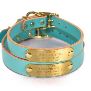 Personalized Light Blue Leather Dog Collar, With Solid Brass Nameplate ID Tag, Up To 4 Lines Of Text