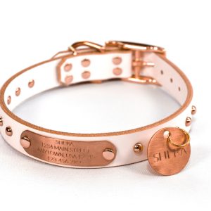 Personalized Studded White Leather Dog Collar, Copper/Rose Gold Tone Dome Rivets, Solid Nameplate, Matching Round ID Tag