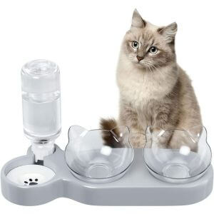 Swyeoot - Cat Bowl 3 Bowls, Double Cat Bowls, 15° Tilt Double Cat Bowl, Cat Drinkers, Bowl for Cats and Small Dogs with Non-Slip Base