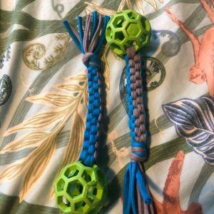 Handmade Small Dog Tug Toy With Ball | Green - Recycled T-Shirt Yarn Blue/Grey Square