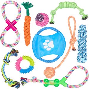 Relaxdays Dog Toy Set Of 10, Tug Toys, Bite & Chew Toys, Dog Disc, Puppy, Small & Medium Dogs, Multipack, Colourful